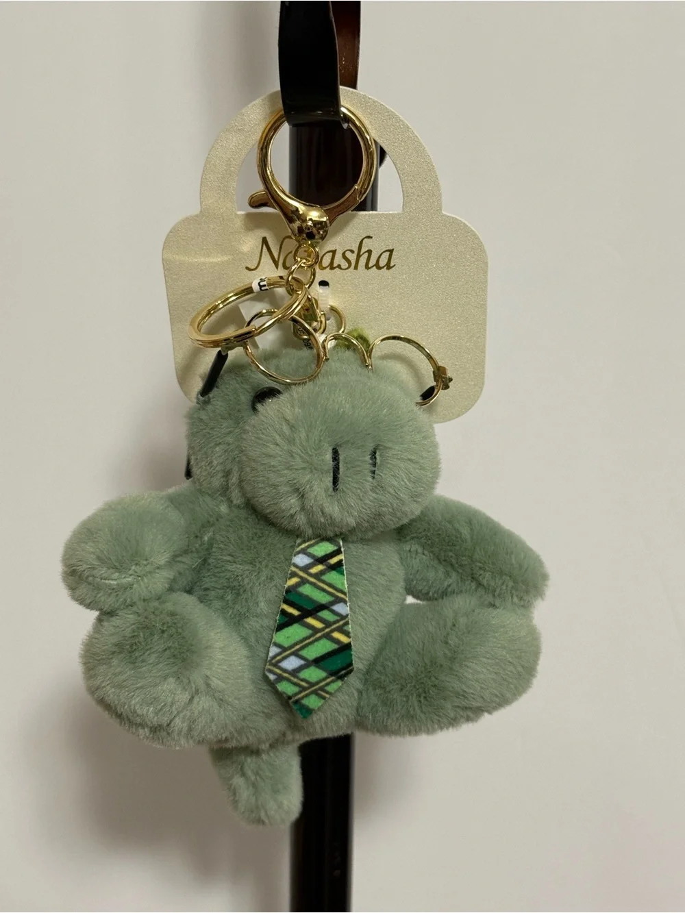 Plush Green Scholarly Dinosaur Glasses & Plaid Tie Handbag Charm/Key Ring - New